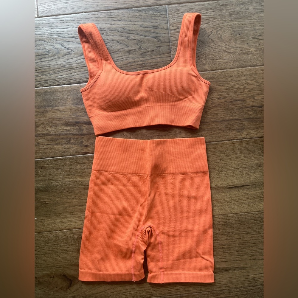 Orange Ribbed Sports Bra and Bike Shorts Set